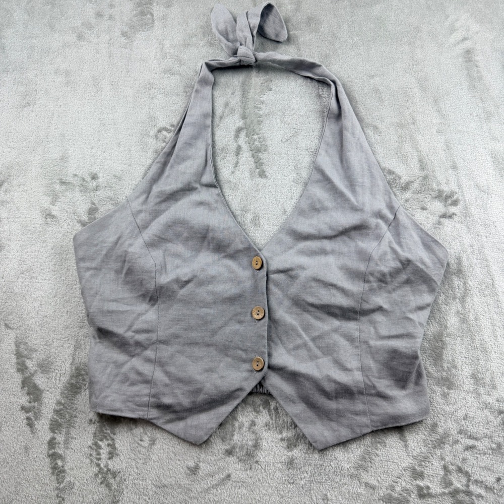Love Tree Gray Linen Blend Halter Vest Top Women's M Button Front Smocked Back